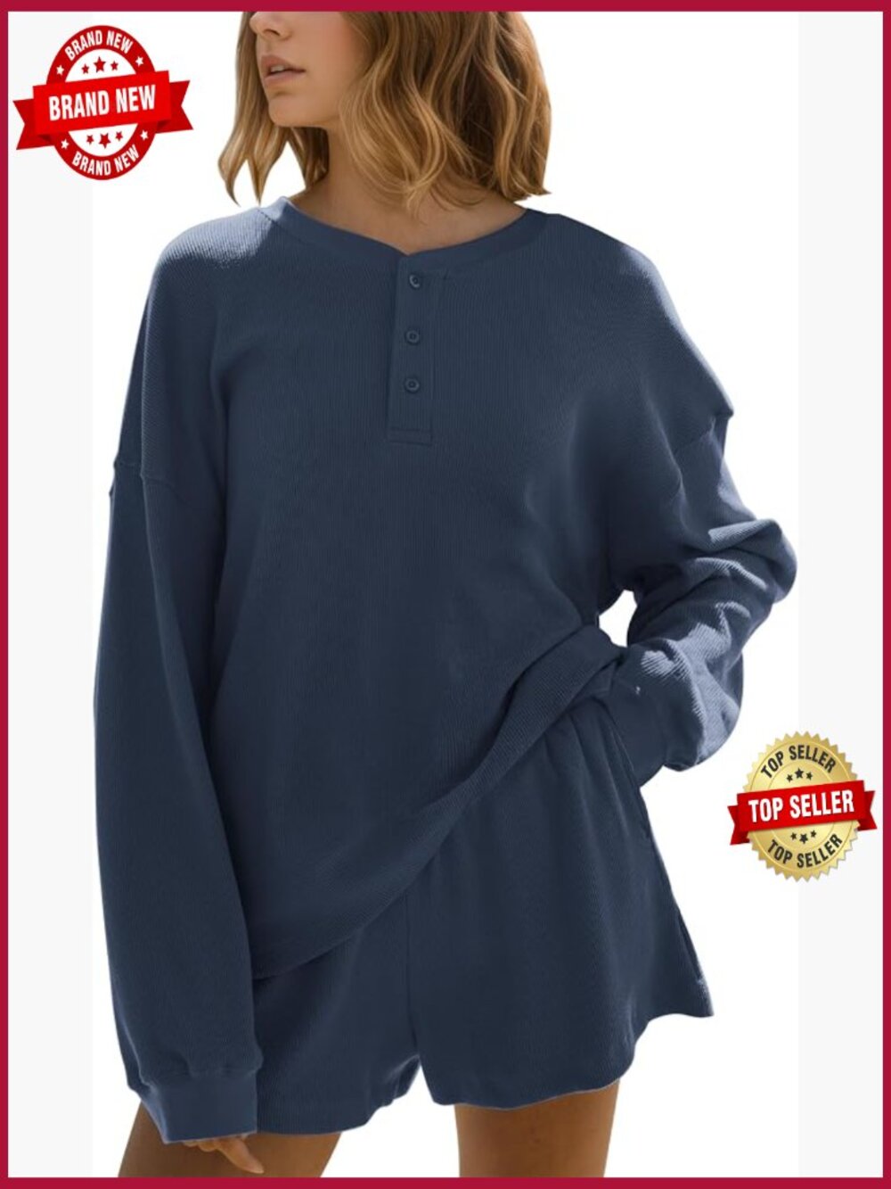 Waffle Knit Lounge Set Long Sleeve Oversized Sweatshirt Elastic Waist Shorts